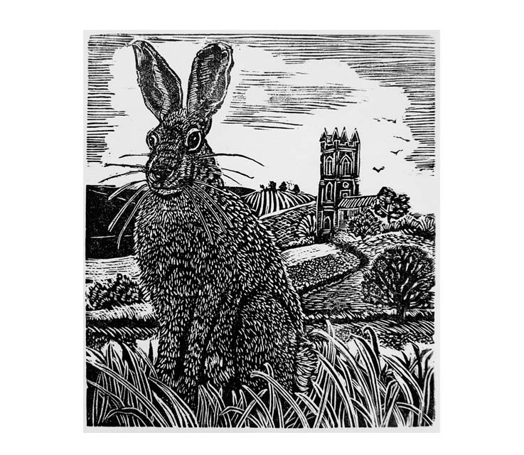 Wood Engraving depicting a hare in foreground and church in background