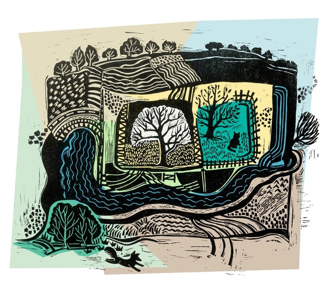 lino cut with colour - lyn may