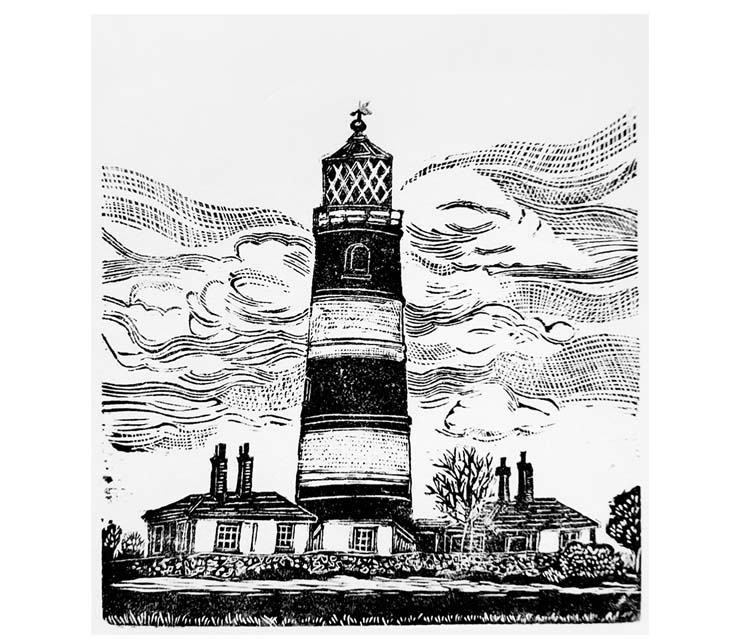 Wood engraving depicting the Happisburgh Lighthouse.